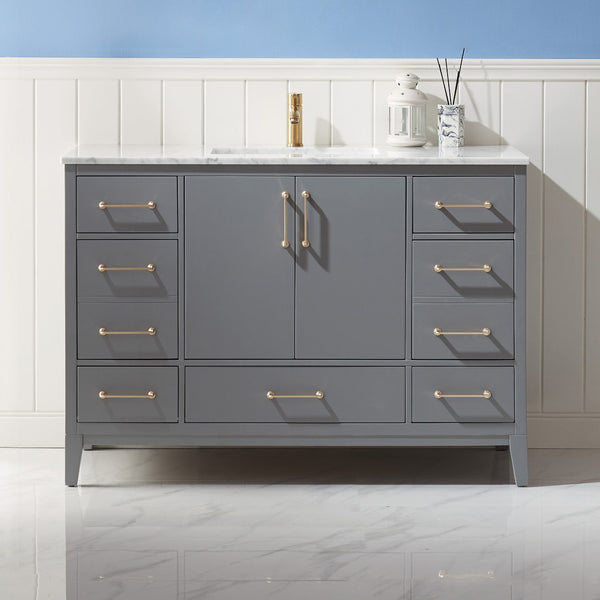 Sutton 48 Single Bathroom Vanity Set in Gray and Carrara White Marble Countertop without Mirror