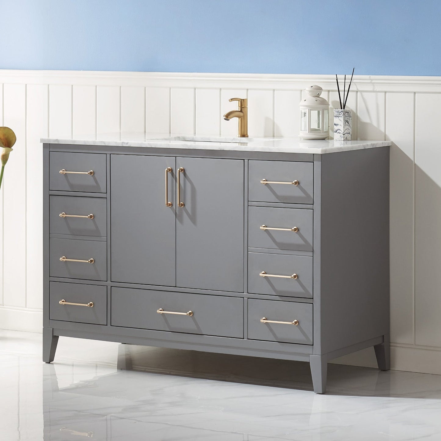 Sutton 48" Single Bathroom Vanity Set in Gray and Carrara White Marble Countertop without Mirror