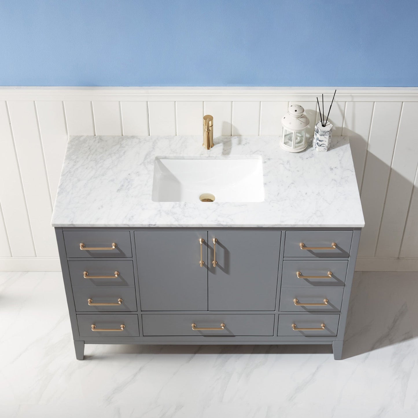 Sutton 48" Single Bathroom Vanity Set in Gray and Carrara White Marble Countertop without Mirror