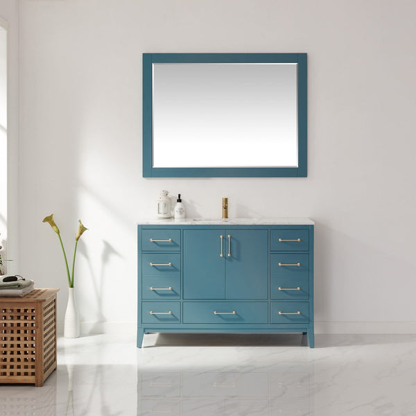 Sutton 48 Single Bathroom Vanity Set in Royal Green and Carrara White Marble Countertop with Mirror