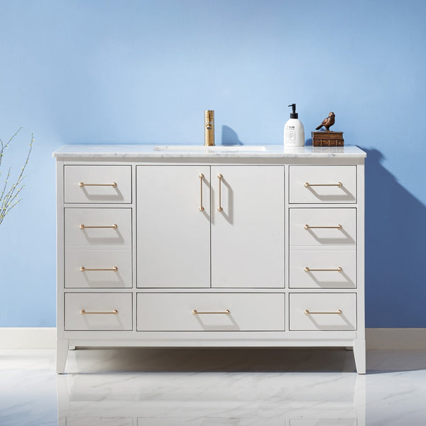 Sutton 48 Single Bathroom Vanity Set in White and Carrara White Marble Countertop without Mirror