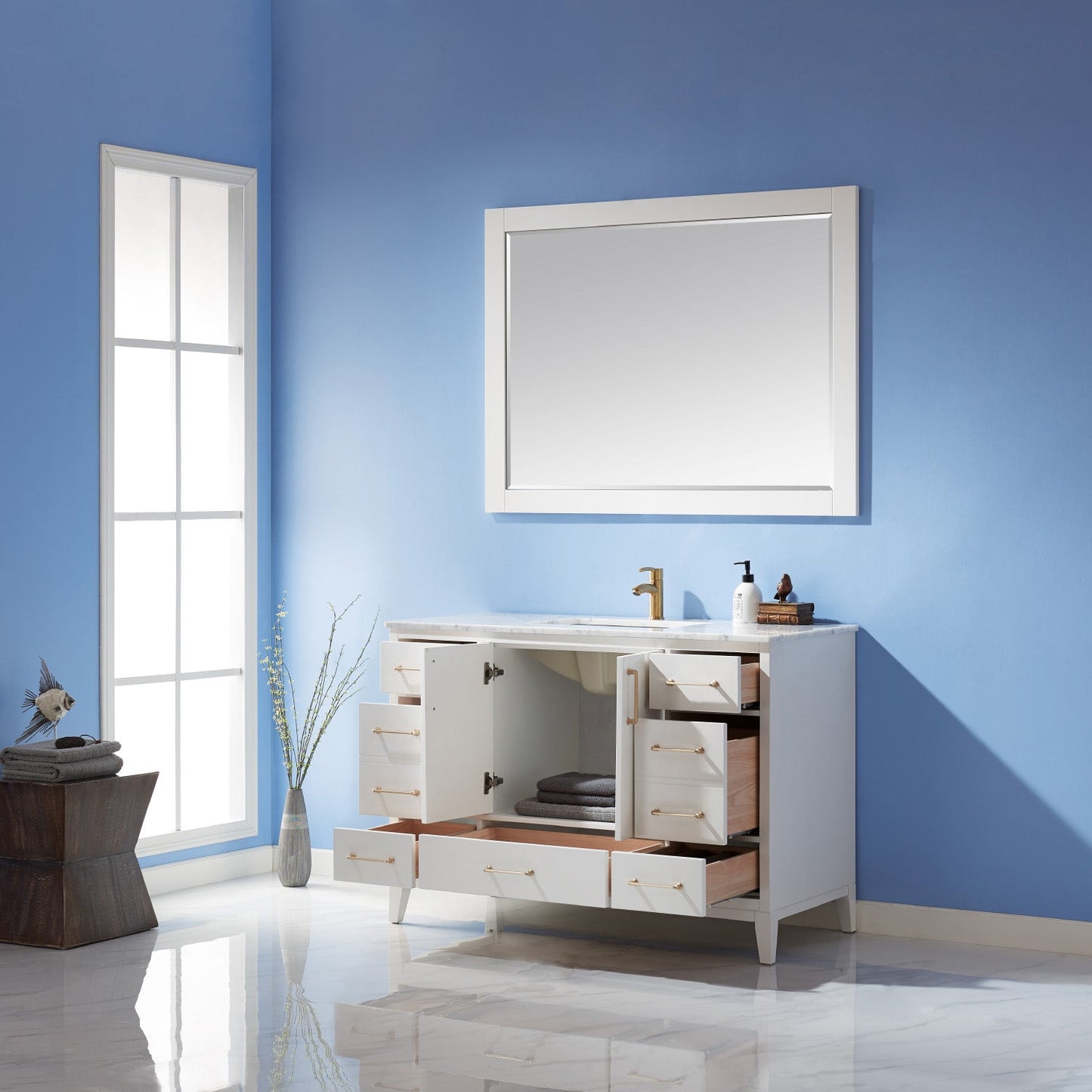 Sutton 48" Single Bathroom Vanity Set in White and Carrara White Marble Countertop with Mirror