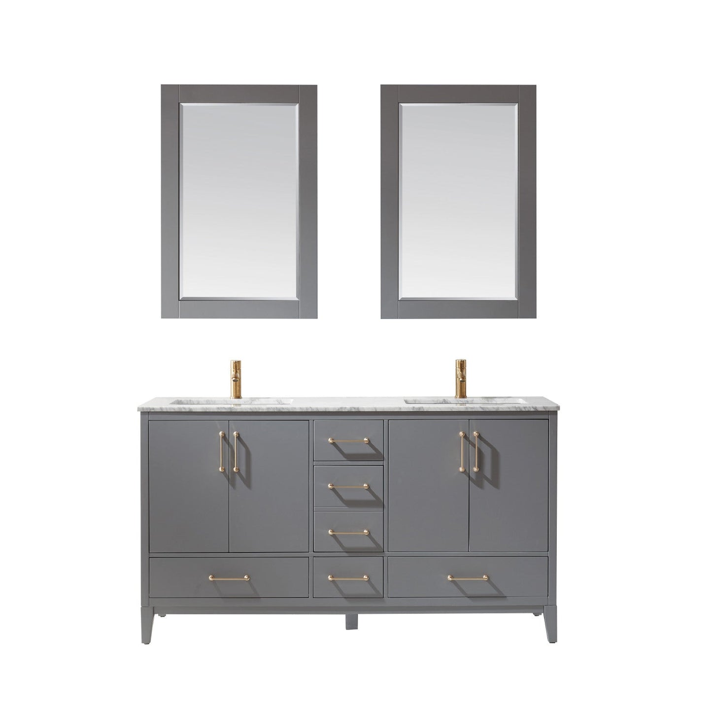 Sutton 60" Double Bathroom Vanity Set in Gray and Carrara White Marble Countertop with Mirror