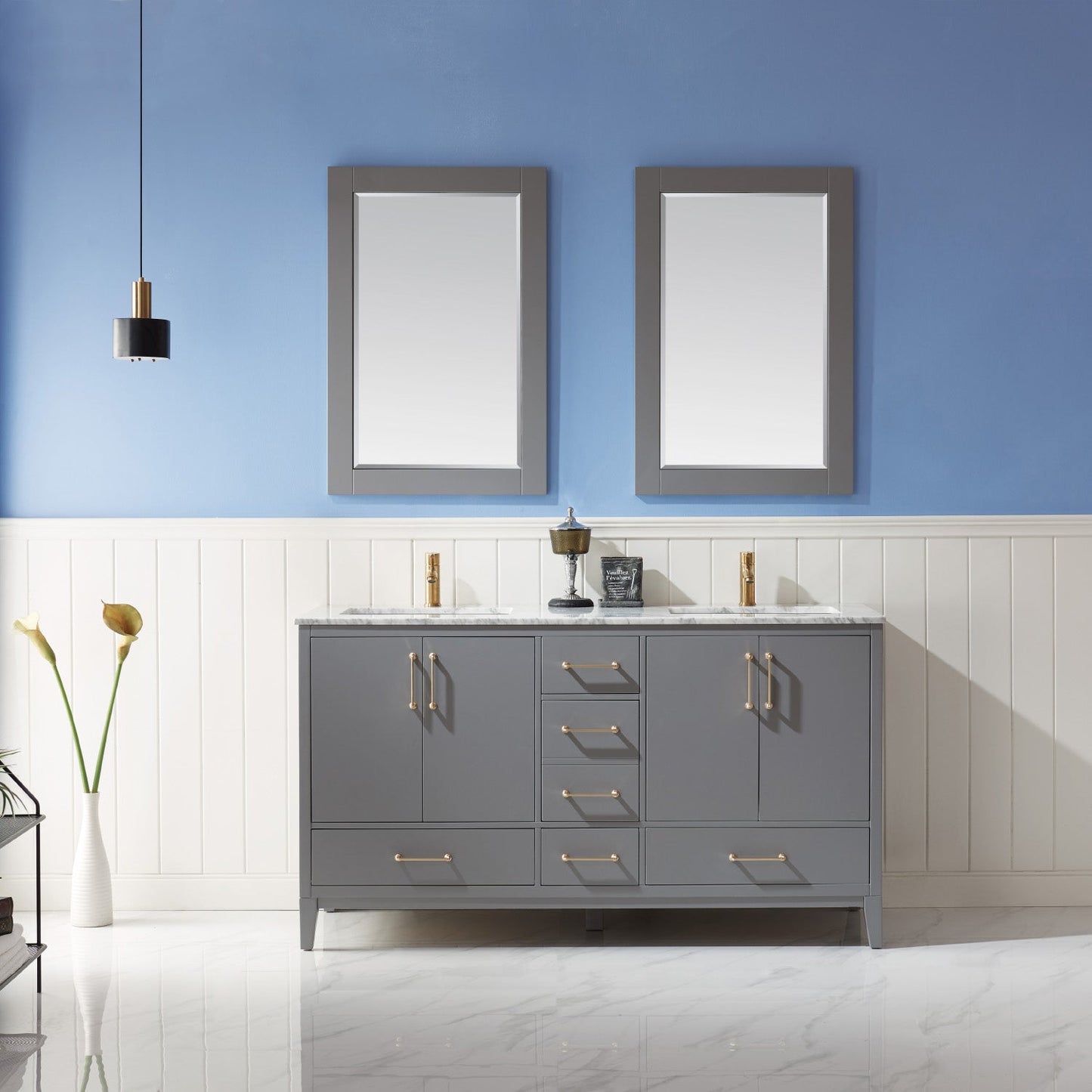 Sutton 60" Double Bathroom Vanity Set in Gray and Carrara White Marble Countertop with Mirror