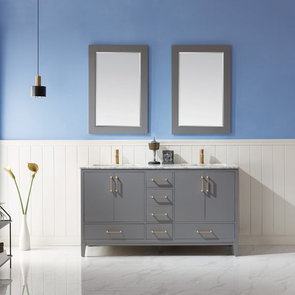 Sutton 60 Double Bathroom Vanity Set in Gray and Carrara White Marble Countertop with Mirror