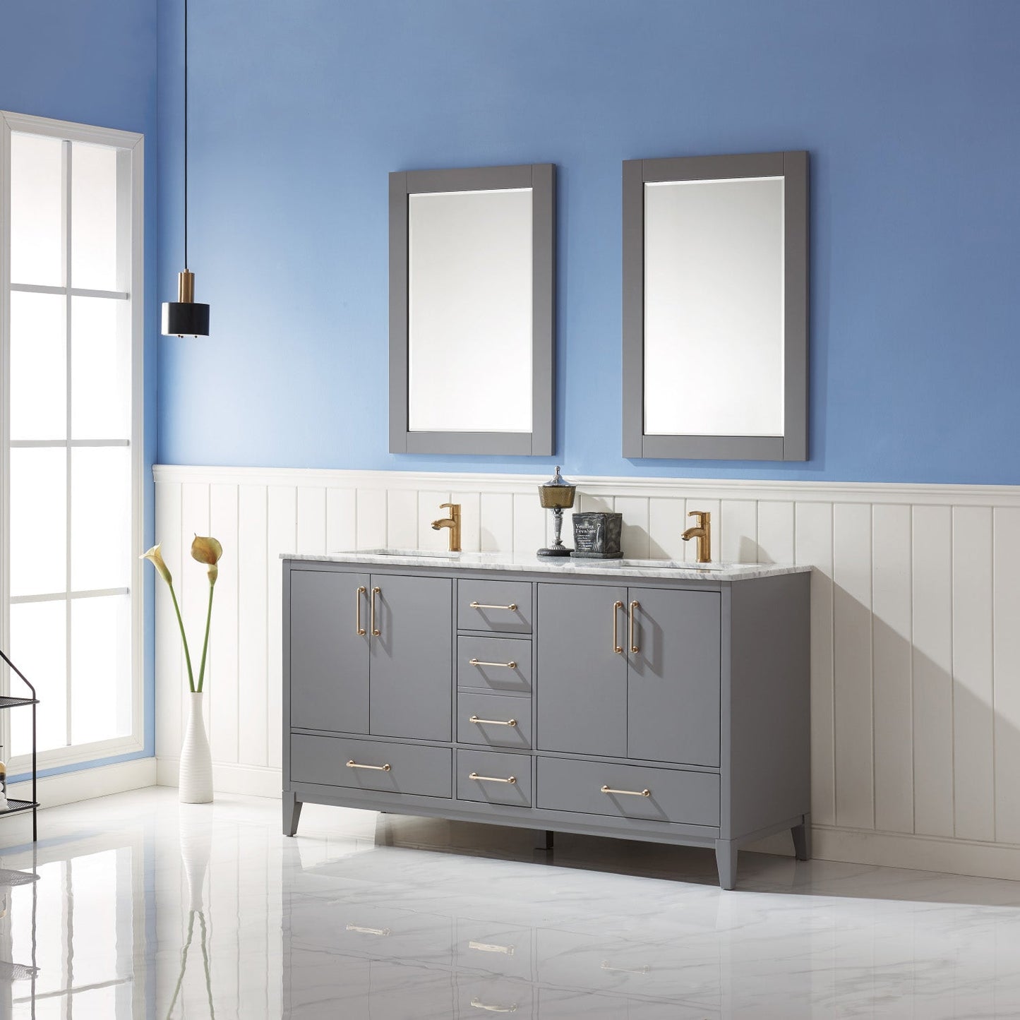 Sutton 60" Double Bathroom Vanity Set in Gray and Carrara White Marble Countertop with Mirror