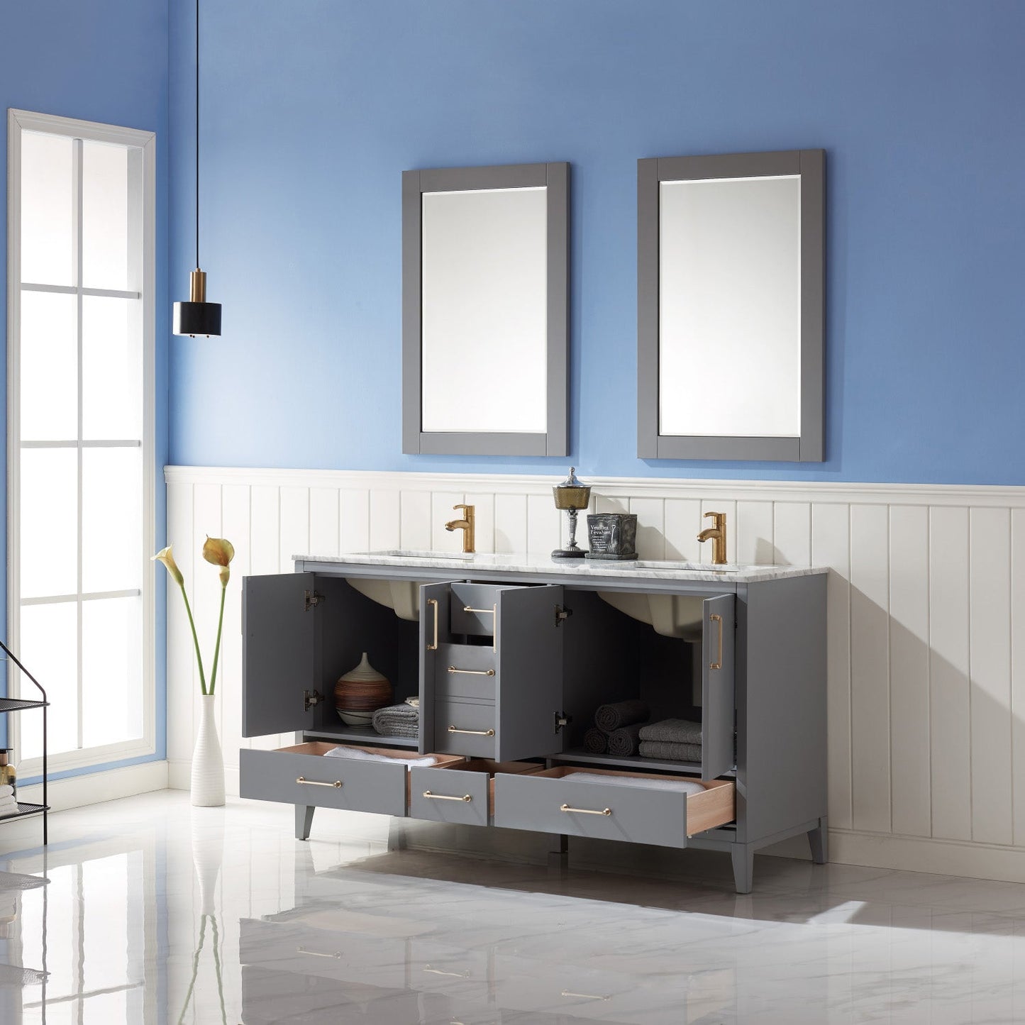 Sutton 60" Double Bathroom Vanity Set in Gray and Carrara White Marble Countertop with Mirror