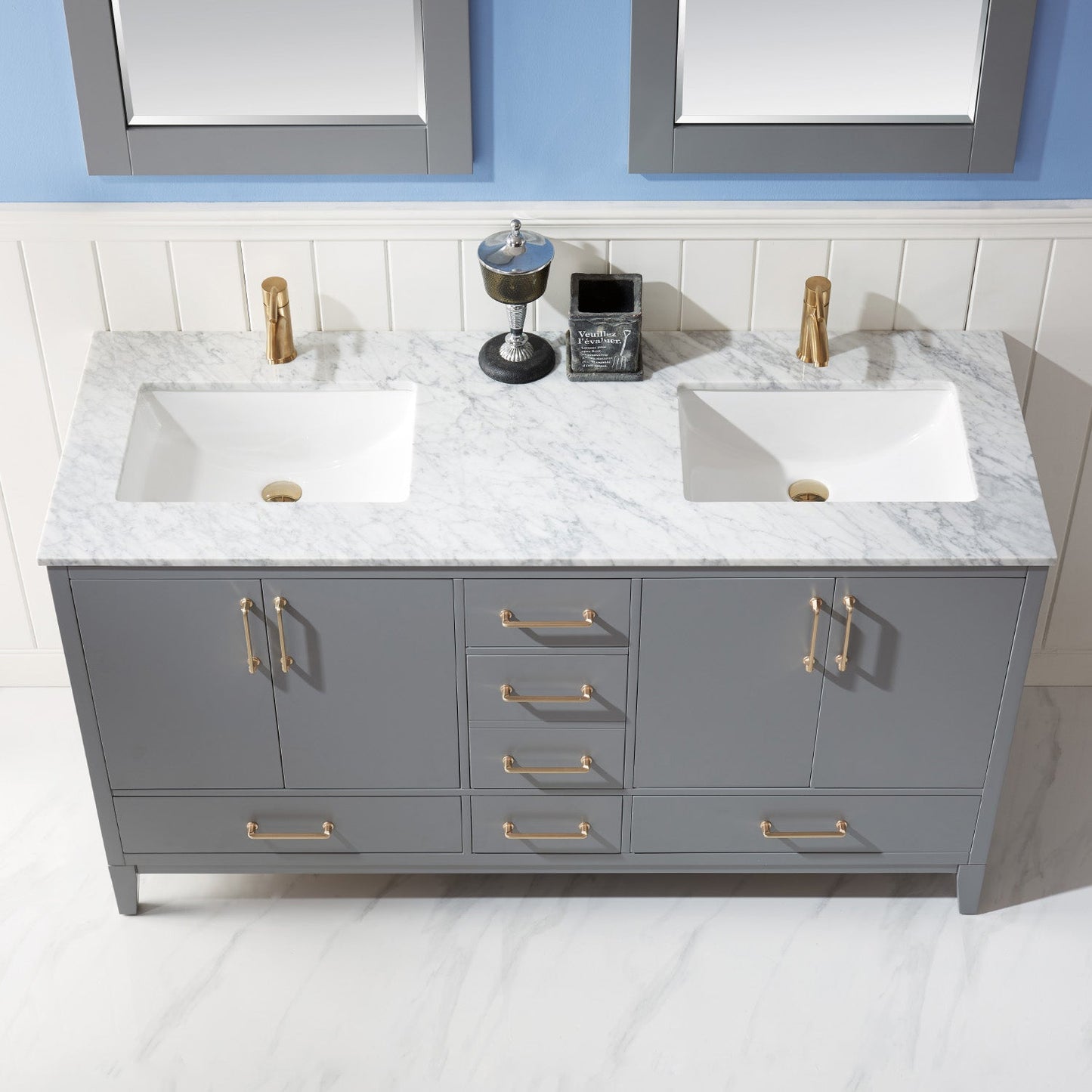 Sutton 60" Double Bathroom Vanity Set in Gray and Carrara White Marble Countertop with Mirror