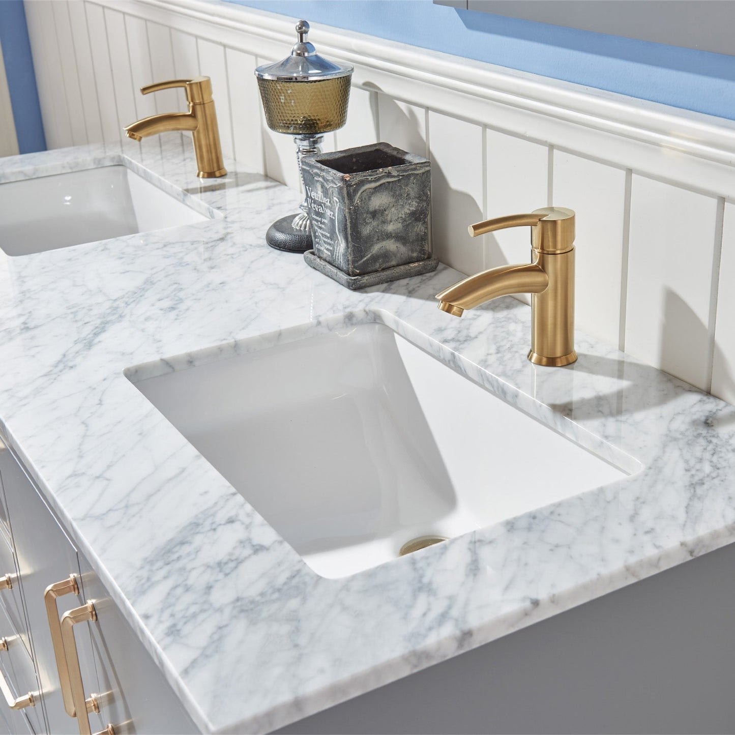 Sutton 60" Double Bathroom Vanity Set in Gray and Carrara White Marble Countertop with Mirror