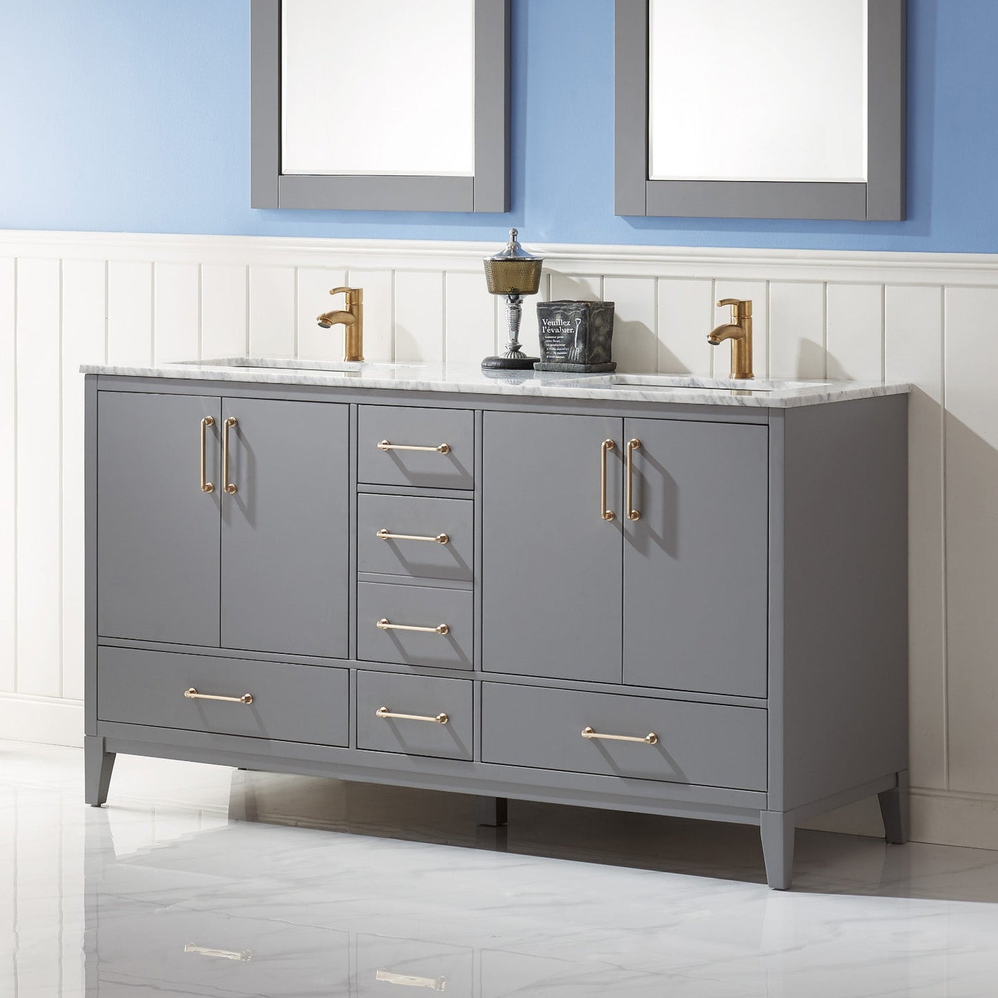 Sutton 60" Double Bathroom Vanity Set in Gray and Carrara White Marble Countertop with Mirror