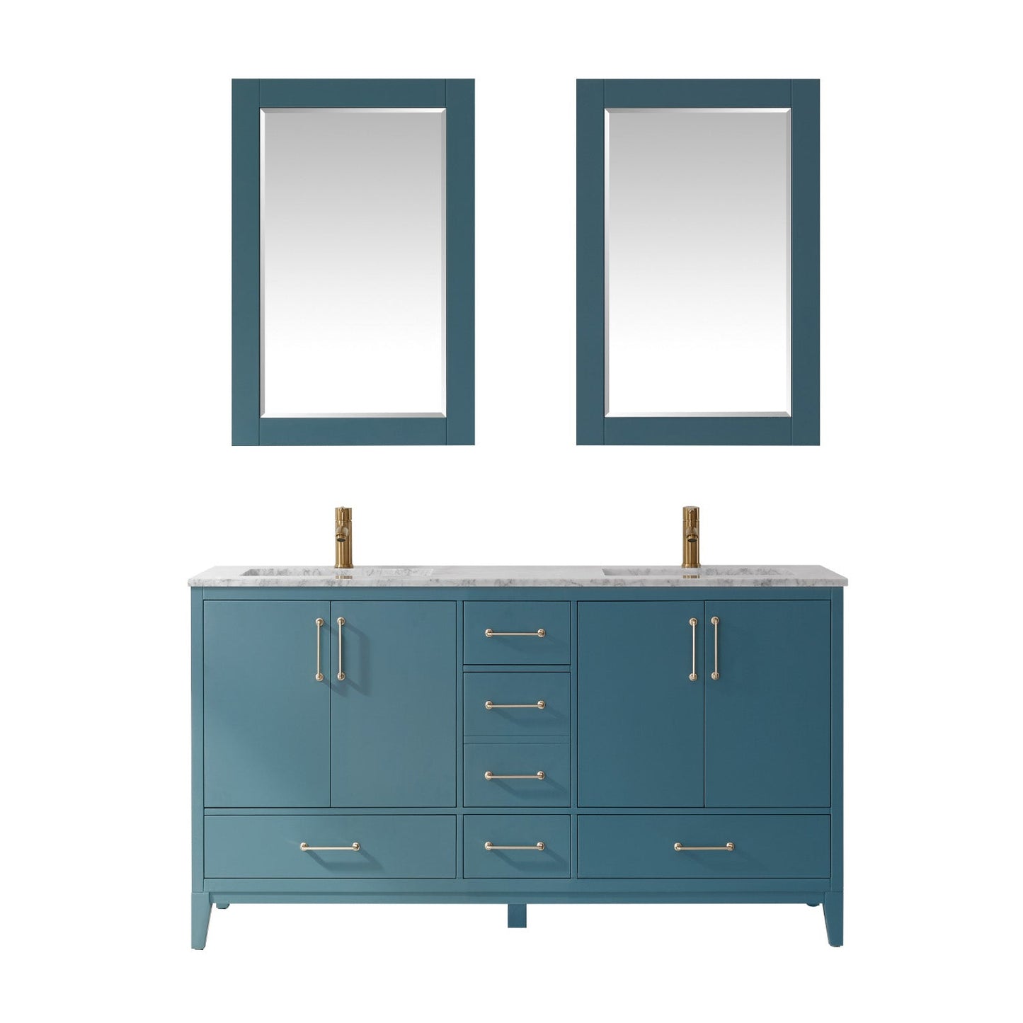 Sutton 60" Double Bathroom Vanity Set in Royal Green and Carrara White Marble Countertop with Mirror