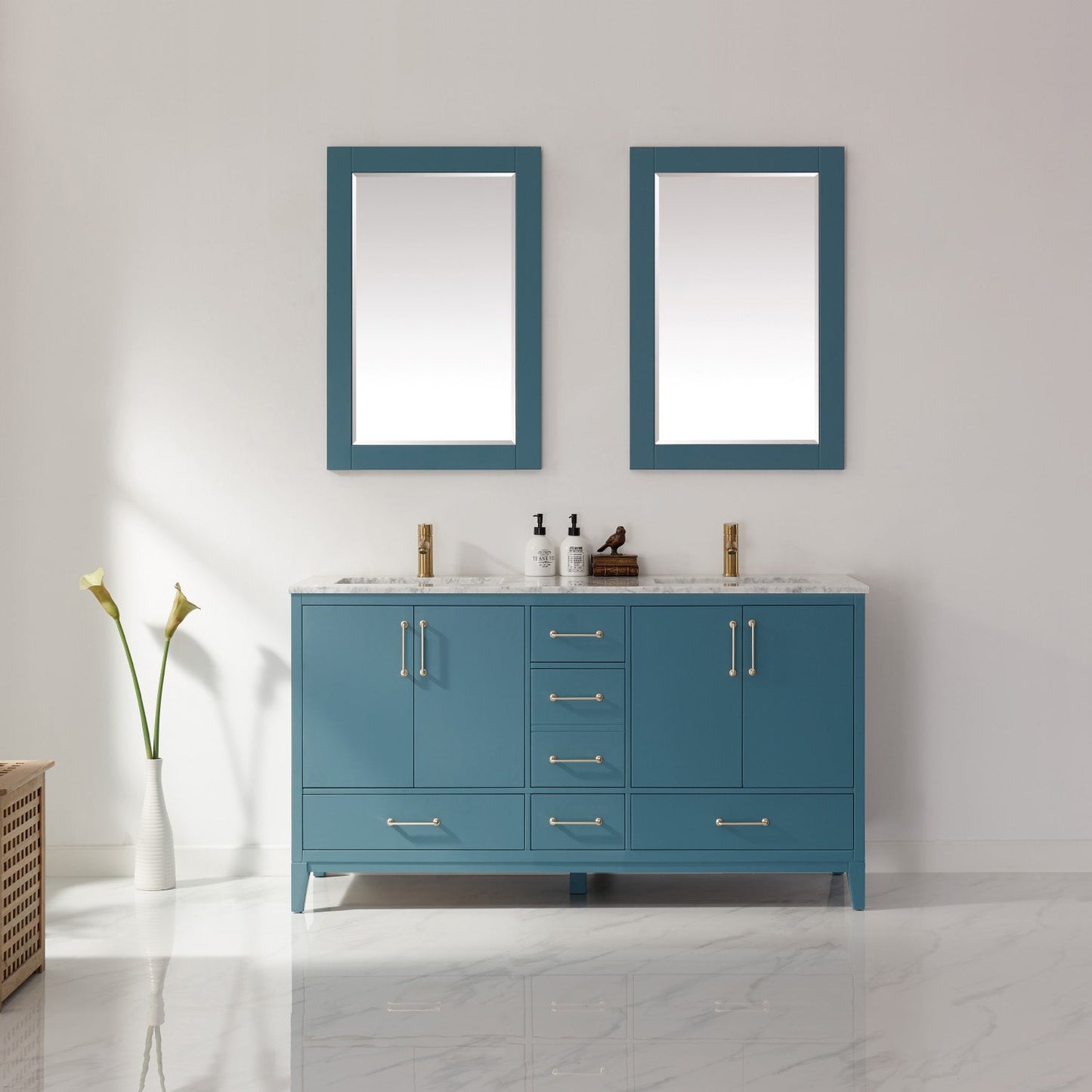 Sutton 60" Double Bathroom Vanity Set in Royal Green and Carrara White Marble Countertop with Mirror