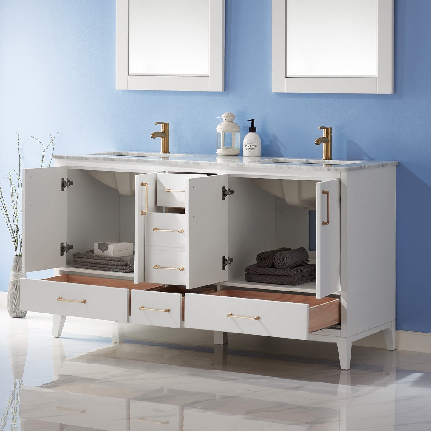 Sutton 60" Double Bathroom Vanity Set in White and Carrara White Marble Countertop with Mirror