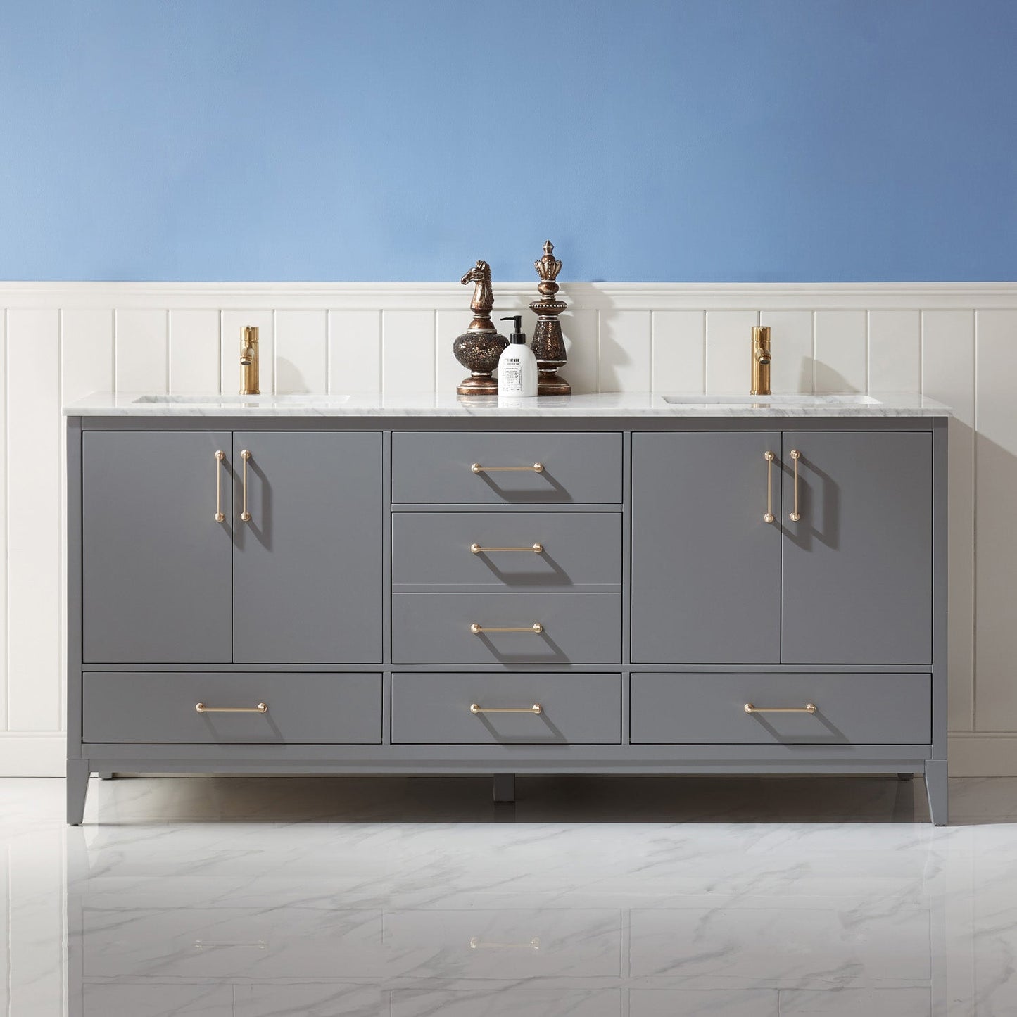 Sutton 72" Double Bathroom Vanity Set in Gray and Carrara White Marble Countertop without Mirror