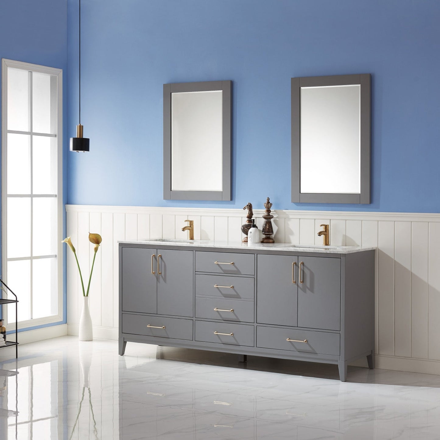 Sutton 72" Double Bathroom Vanity Set in Gray and Carrara White Marble Countertop with Mirror