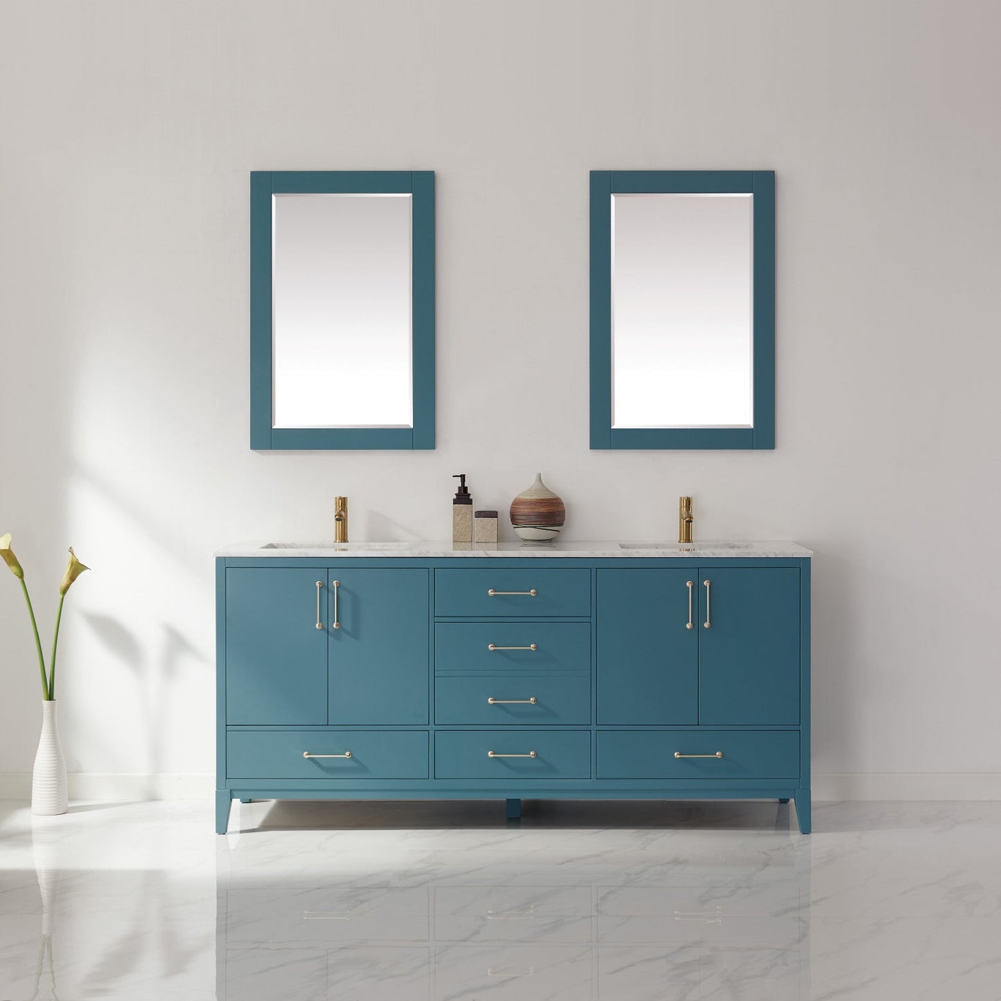 Sutton 72" Double Bathroom Vanity Set in Royal Green and Carrara White Marble Countertop with Mirror