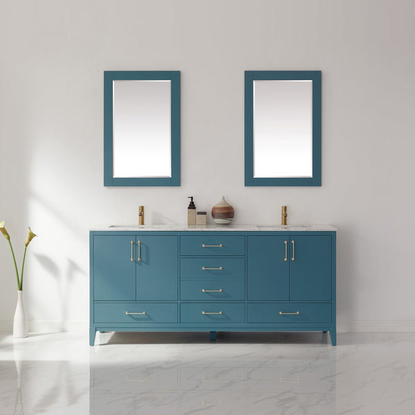 Sutton 72 Double Bathroom Vanity Set in Royal Green and Carrara White Marble Countertop with Mirror