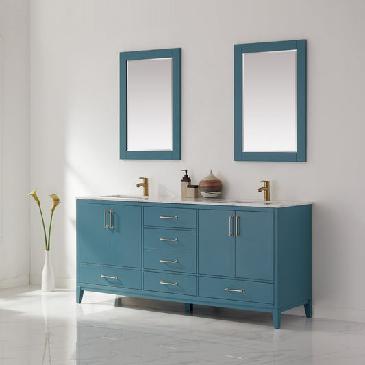 Sutton 72" Double Bathroom Vanity Set in Royal Green and Carrara White Marble Countertop with Mirror