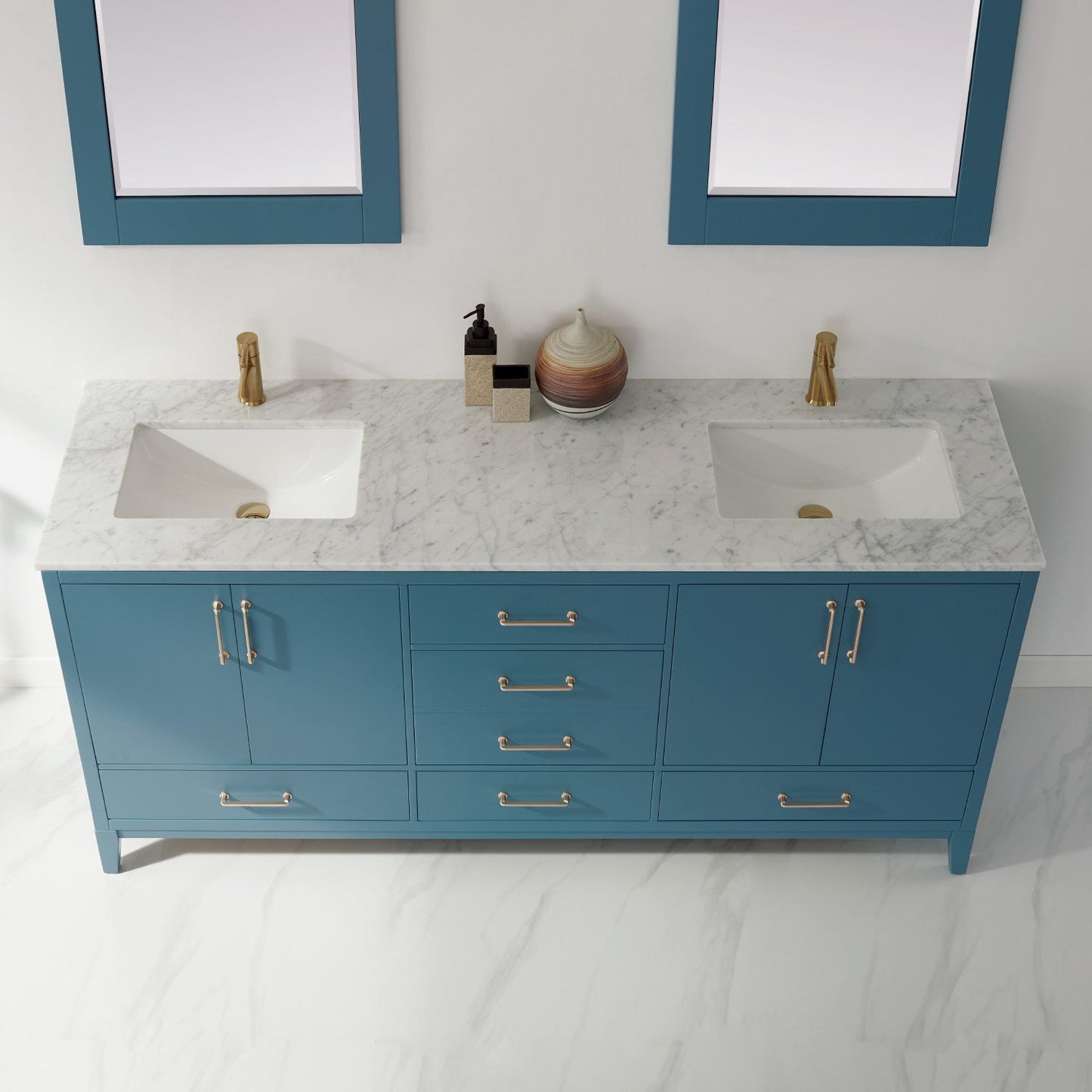 Sutton 72" Double Bathroom Vanity Set in Royal Green and Carrara White Marble Countertop with Mirror