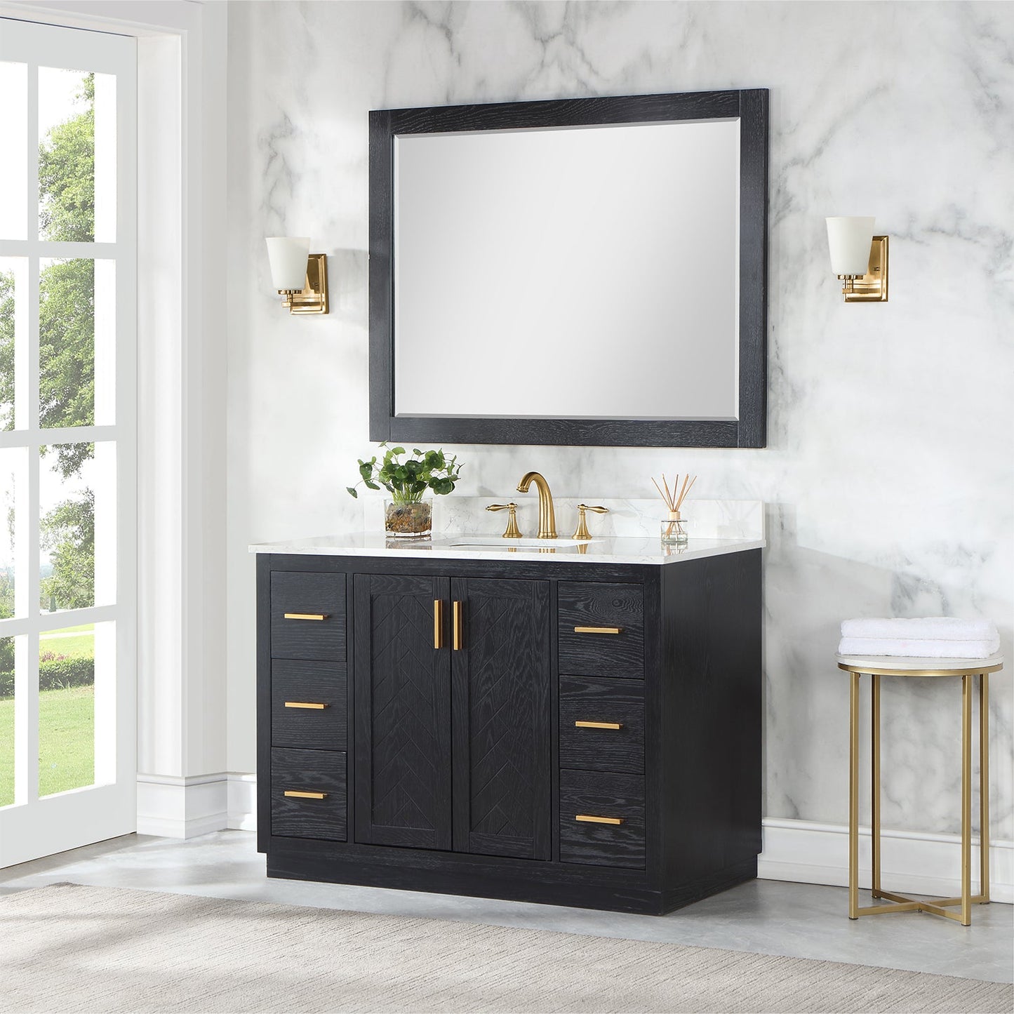 Gazsi 48" Single Bathroom Vanity Set in Black Oak with Grain White Composite Stone Countertop with Mirror