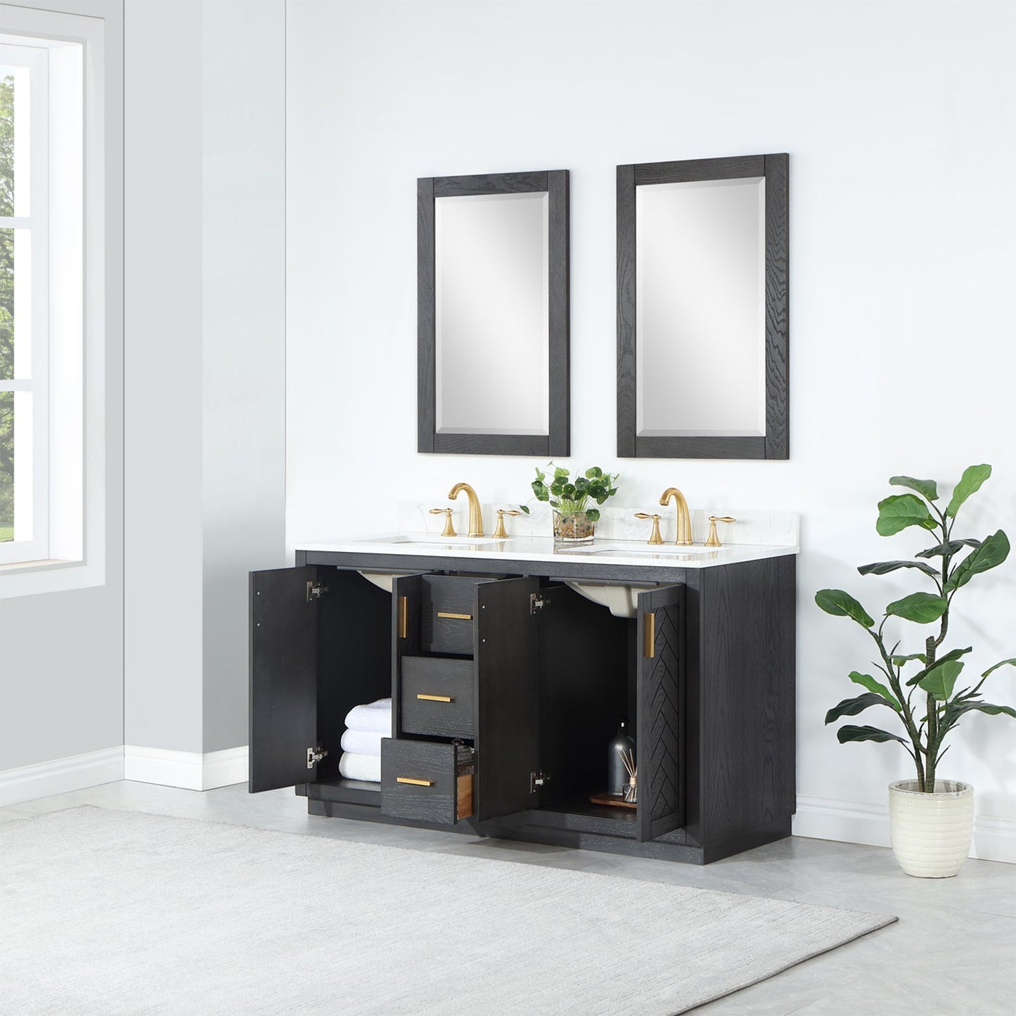 Gazsi 60" Double Bathroom Vanity Set in Brown Oak