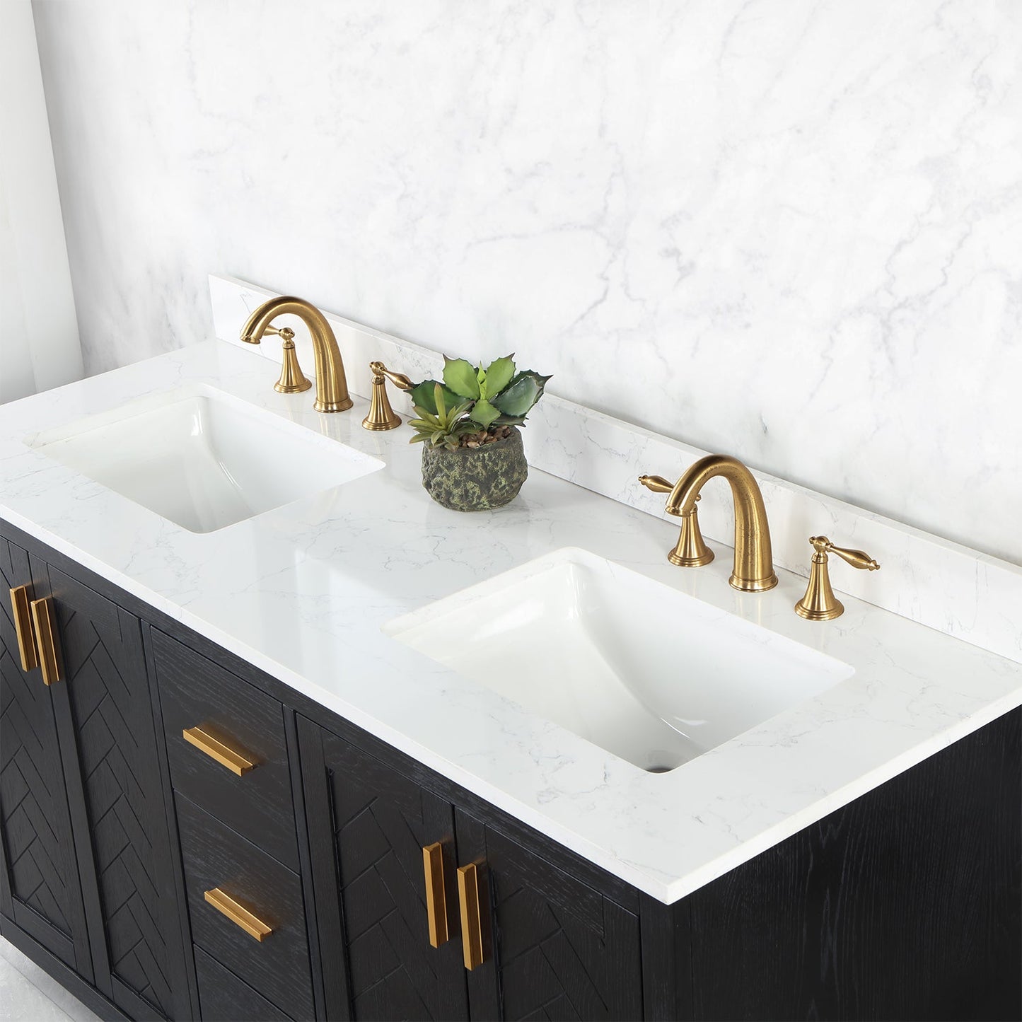 Gazsi 60" Double Bathroom Vanity Set in Black Oak with Grain White Composite Stone Countertop without Mirror