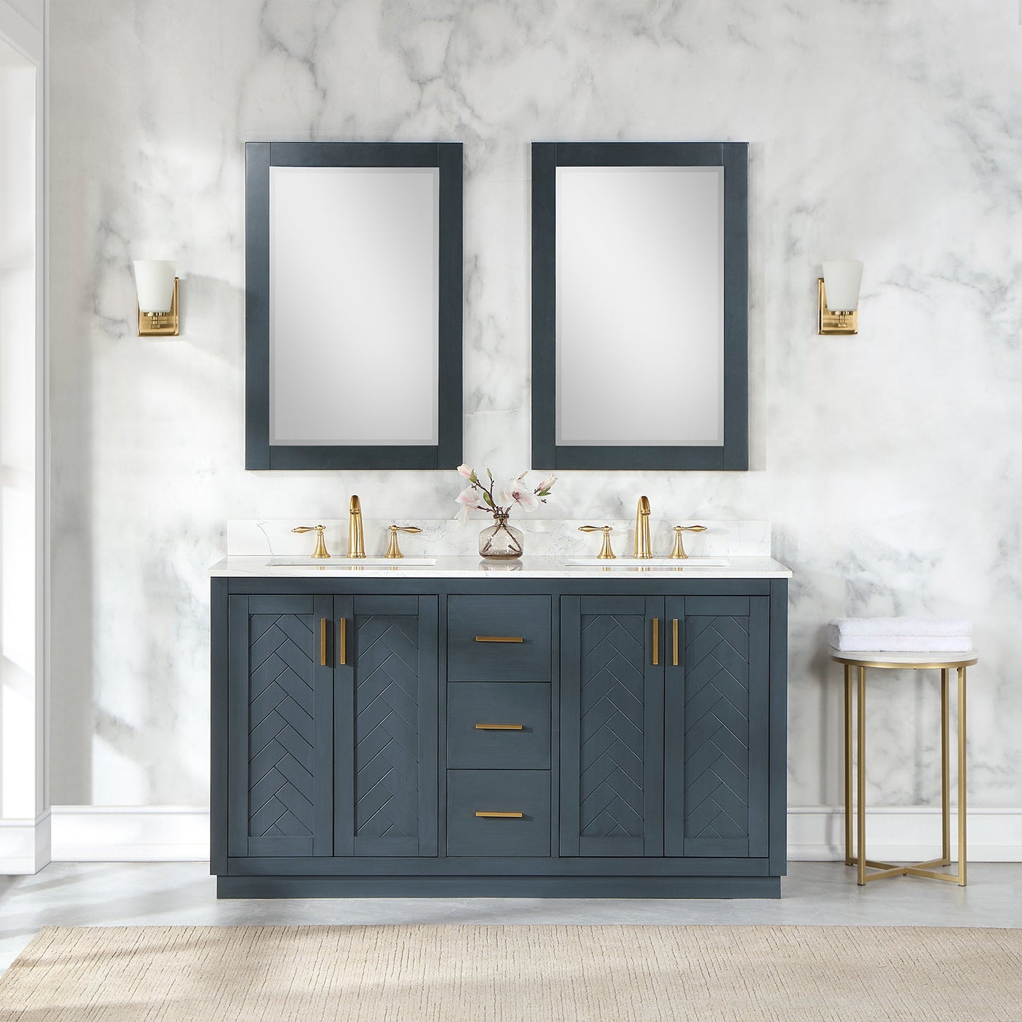 Gazsi 60" Double Bathroom Vanity Set in Classic Blue with Grain White Composite Stone Countertop with Mirror