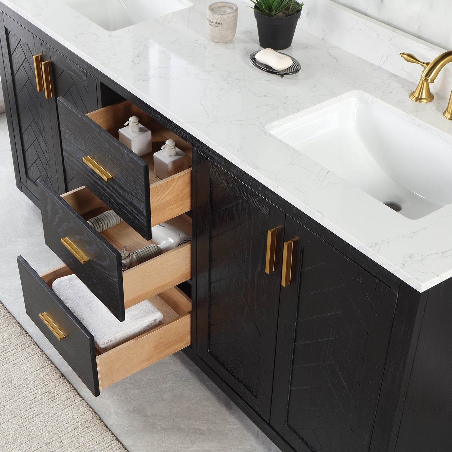 Gazsi 72" Double Bathroom Vanity Set in Black Oak with Grain White Composite Stone Countertop without Mirror