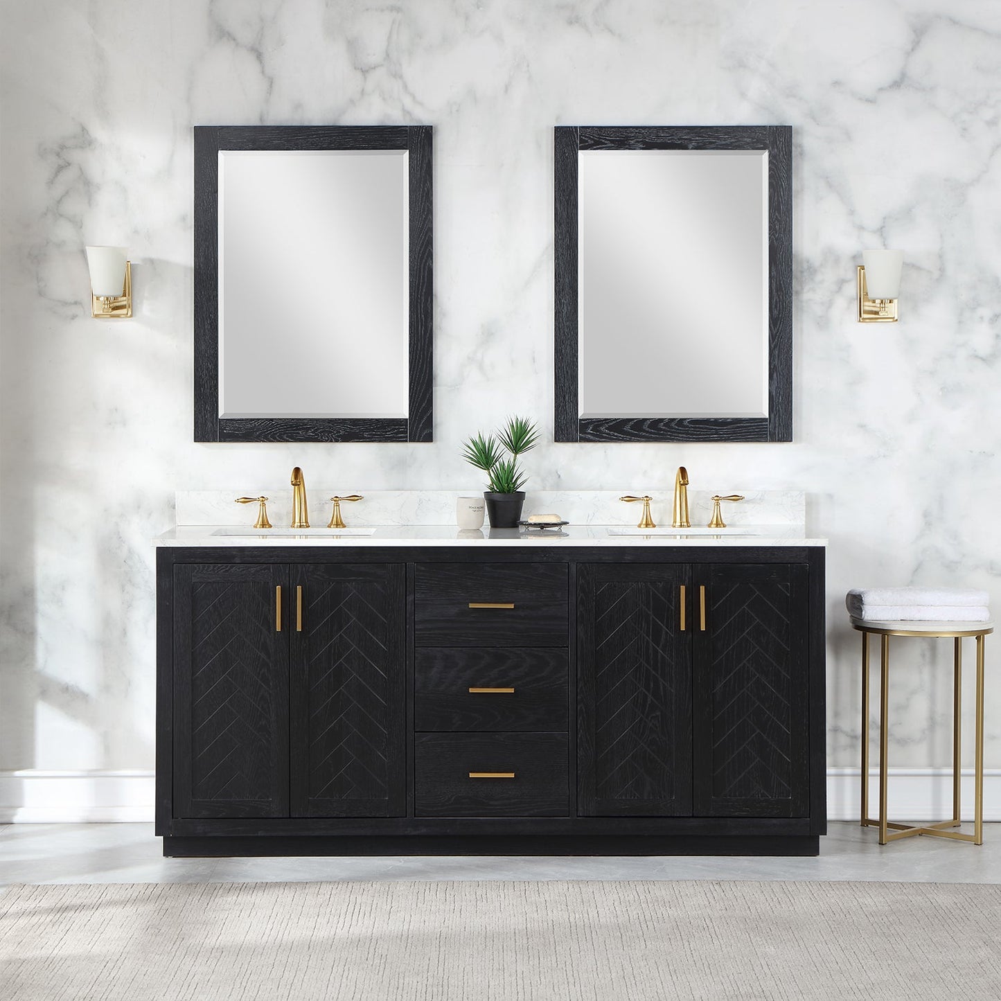 Gazsi 72" Double Bathroom Vanity Set in Black Oak with Grain White Composite Stone Countertop with Mirror