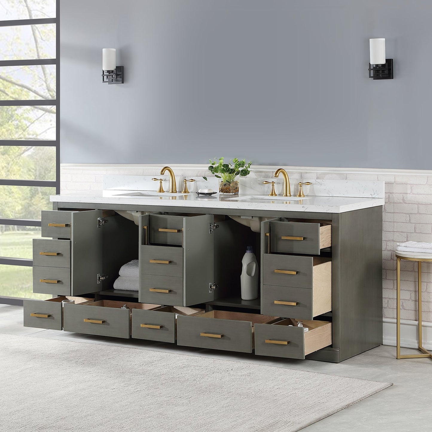 Monna 84" Double Bathroom Vanity Set in Gray Pine with Aosta White Composite Stone Countertop without Mirror