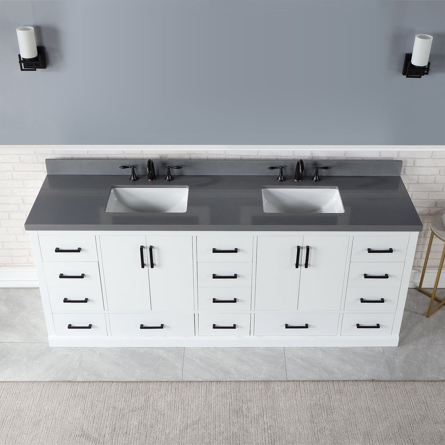Monna 84" Double Bathroom Vanity Set in White with Concrete Grey Composite Stone Countertop without Mirror