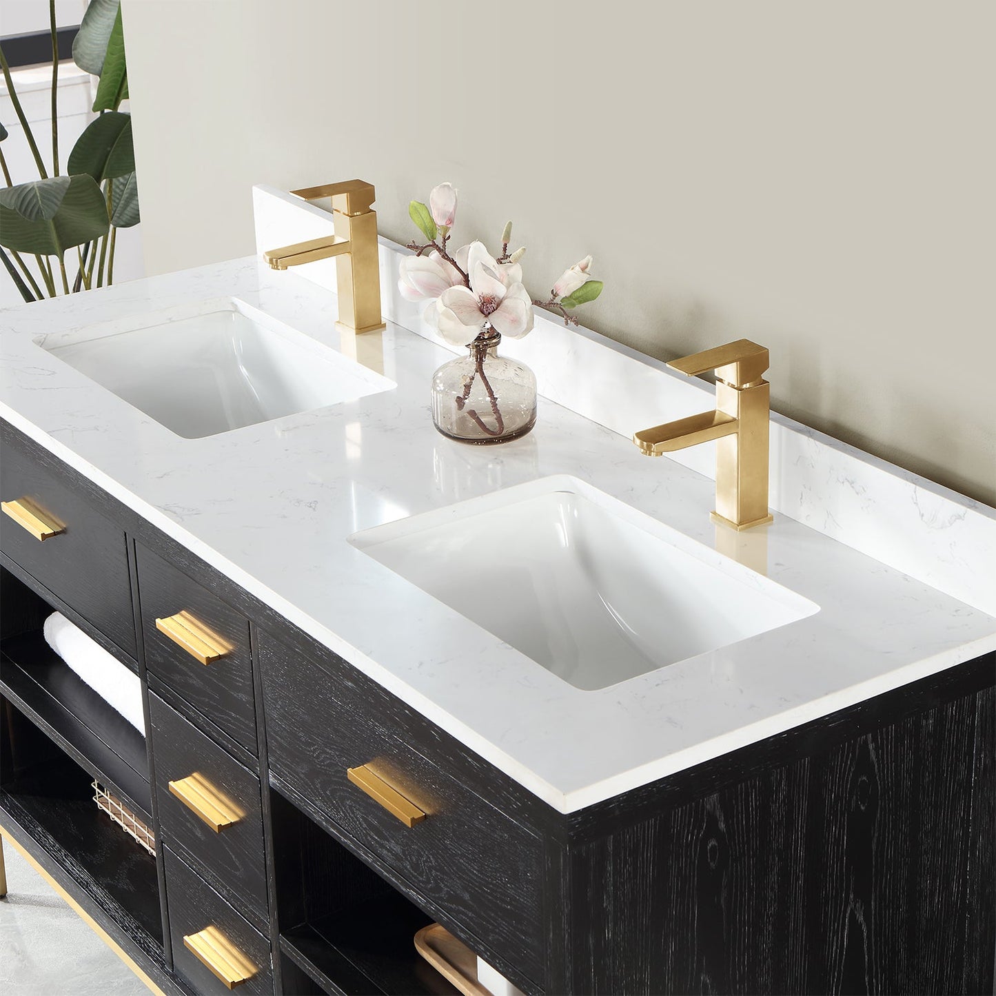 Kesia 60" Double Bathroom Vanity Set in Black Oak with Aosta White Composite Stone Countertop without Mirror