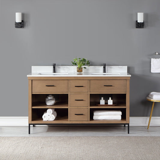 Kesia 60" Double Bathroom Vanity Set in Brown Pine