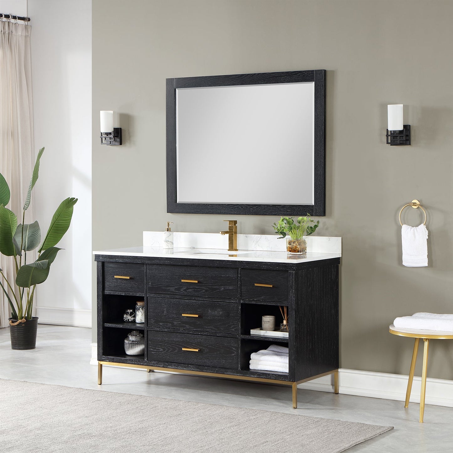 Kesia 60" Single Bathroom Vanity Set in Black Oak with Aosta White Composite Stone Countertop with Mirror