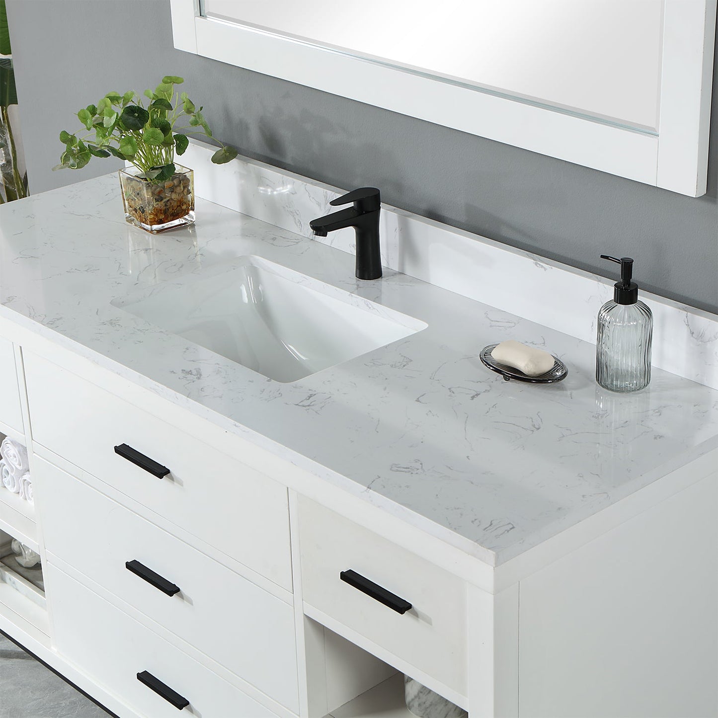 Kesia 60" Single Bathroom Vanity Set in White with Aosta White Composite Stone Countertop with Mirror