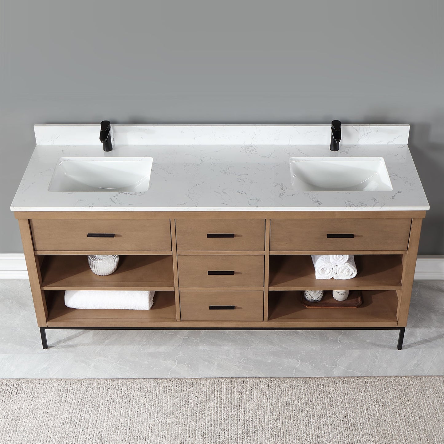 Kesia 72" Double Bathroom Vanity Set in Brown Pine with Aosta White Composite Stone Countertop without Mirror