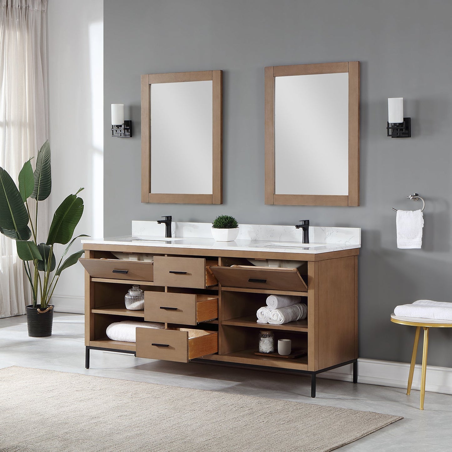 Kesia 72" Double Bathroom Vanity Set in Brown Pine