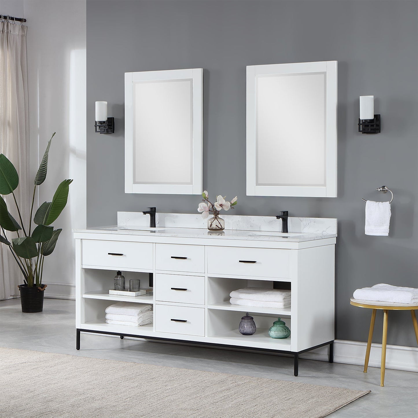 Kesia 72" Double Bathroom Vanity Set in White with Aosta White Composite Stone Countertop with Mirror