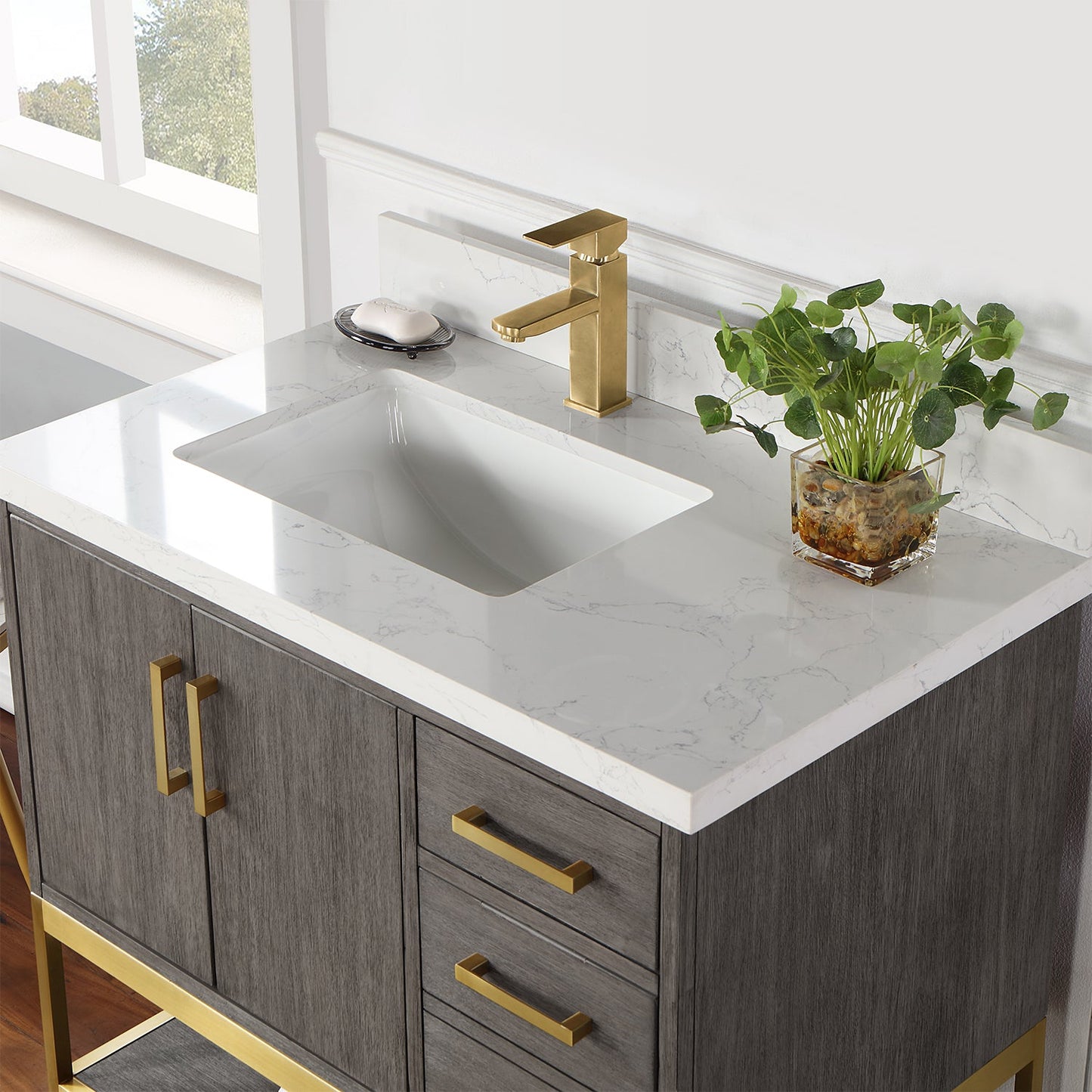 Wildy 36" Single Bathroom Vanity Set in Classical Grey with Grain White Composite Stone Countertop without Mirror