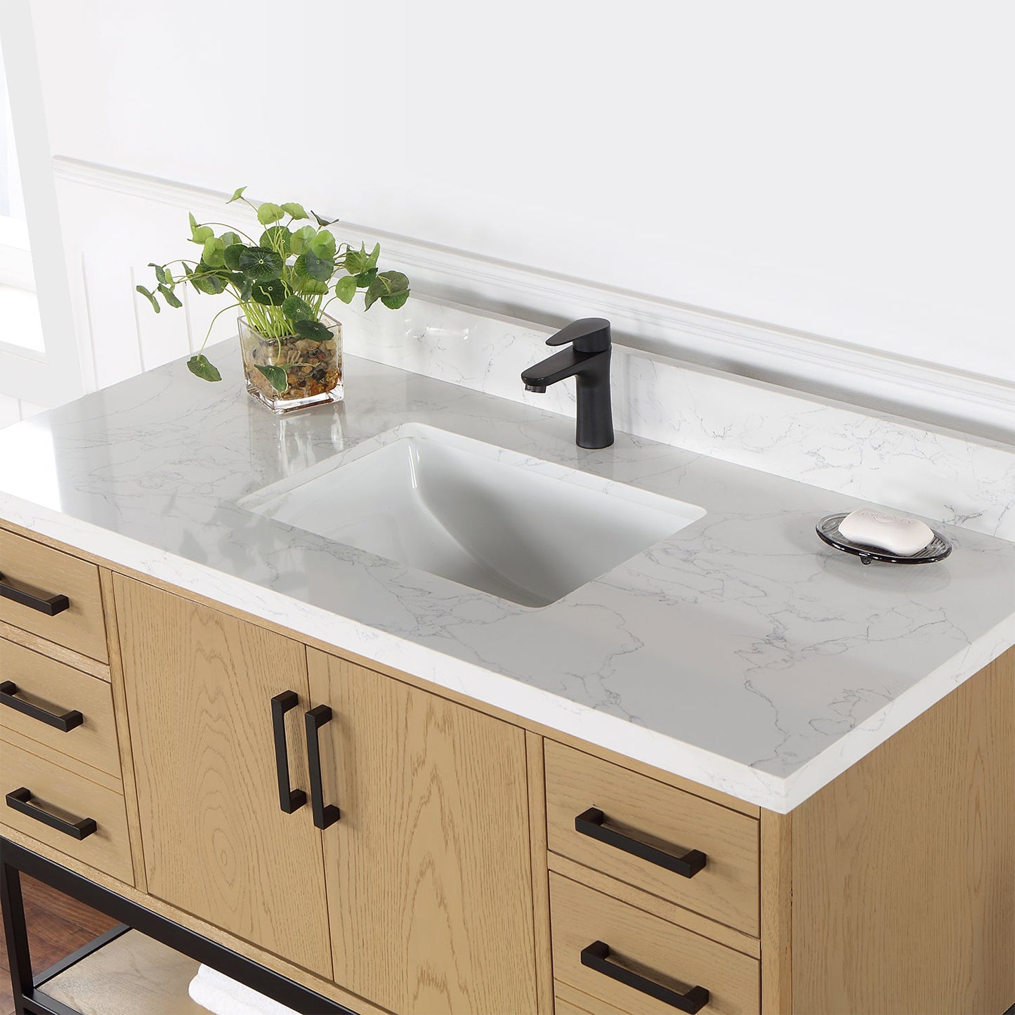 Wildy 48" Single Bathroom Vanity Set in Washed Oak with Grain White Composite Stone Countertop without Mirror