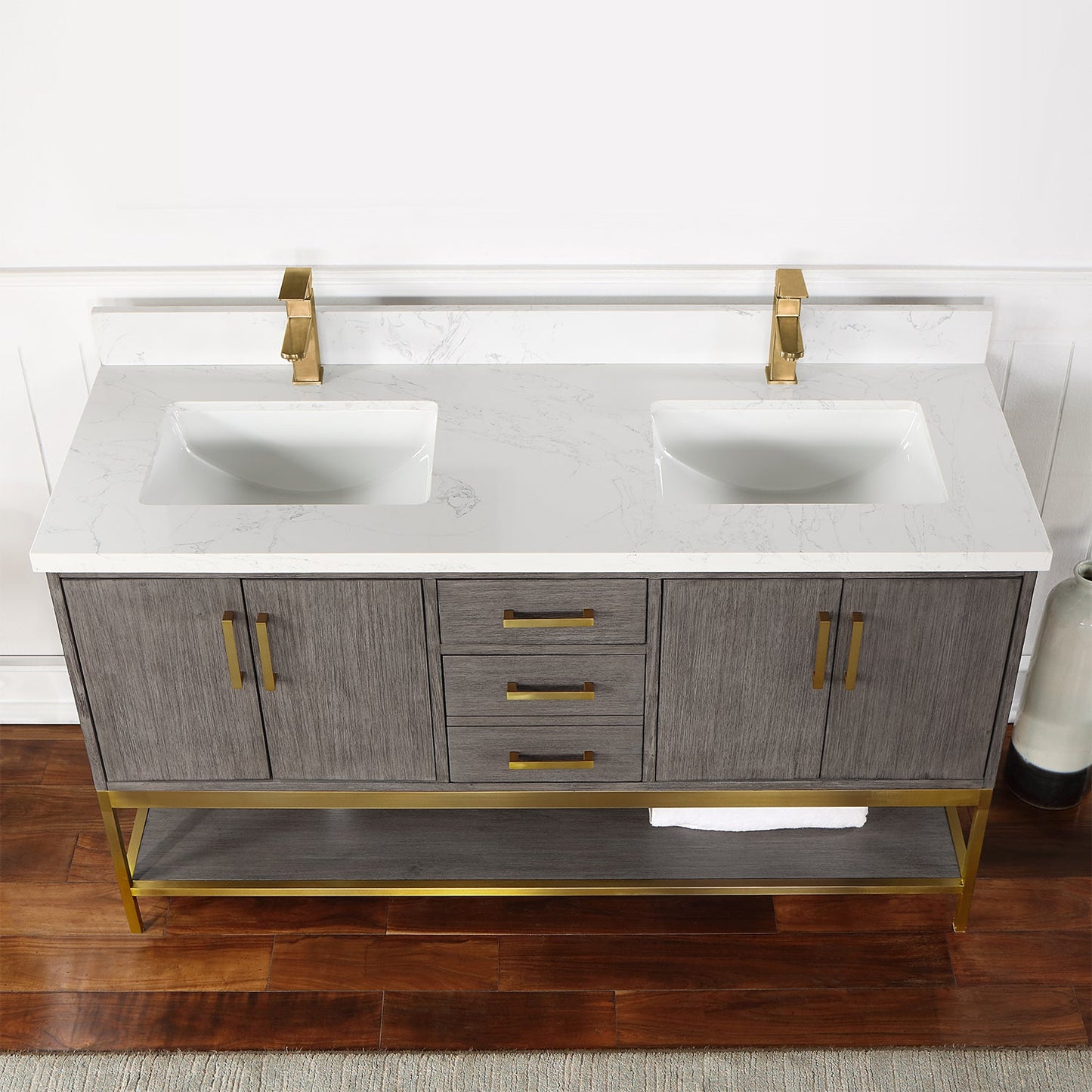 Wildy 60" Double Bathroom Vanity Set in Classical Grey with Grain White Composite Stone Countertop without Mirror