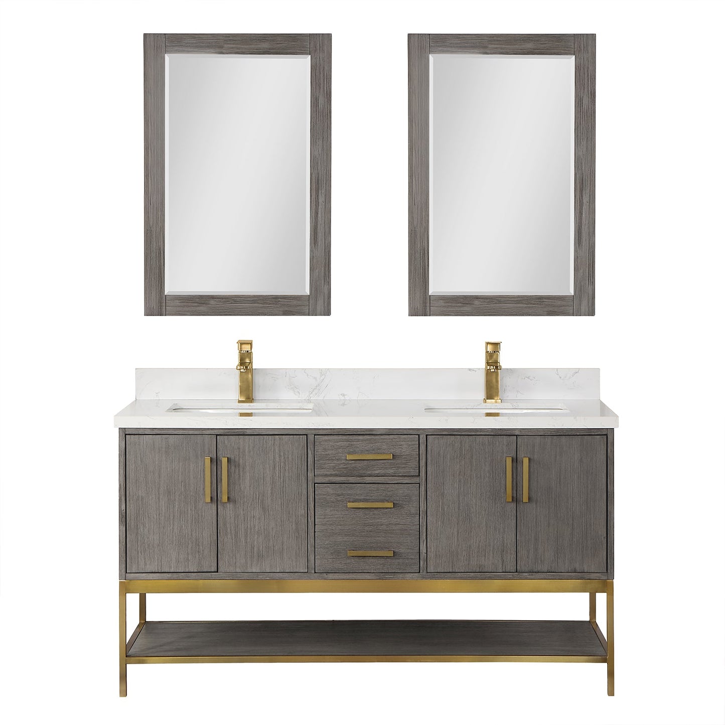 Wildy 60" Double Bathroom Vanity Set in Classical Grey with Grain White Composite Stone Countertop with Mirror