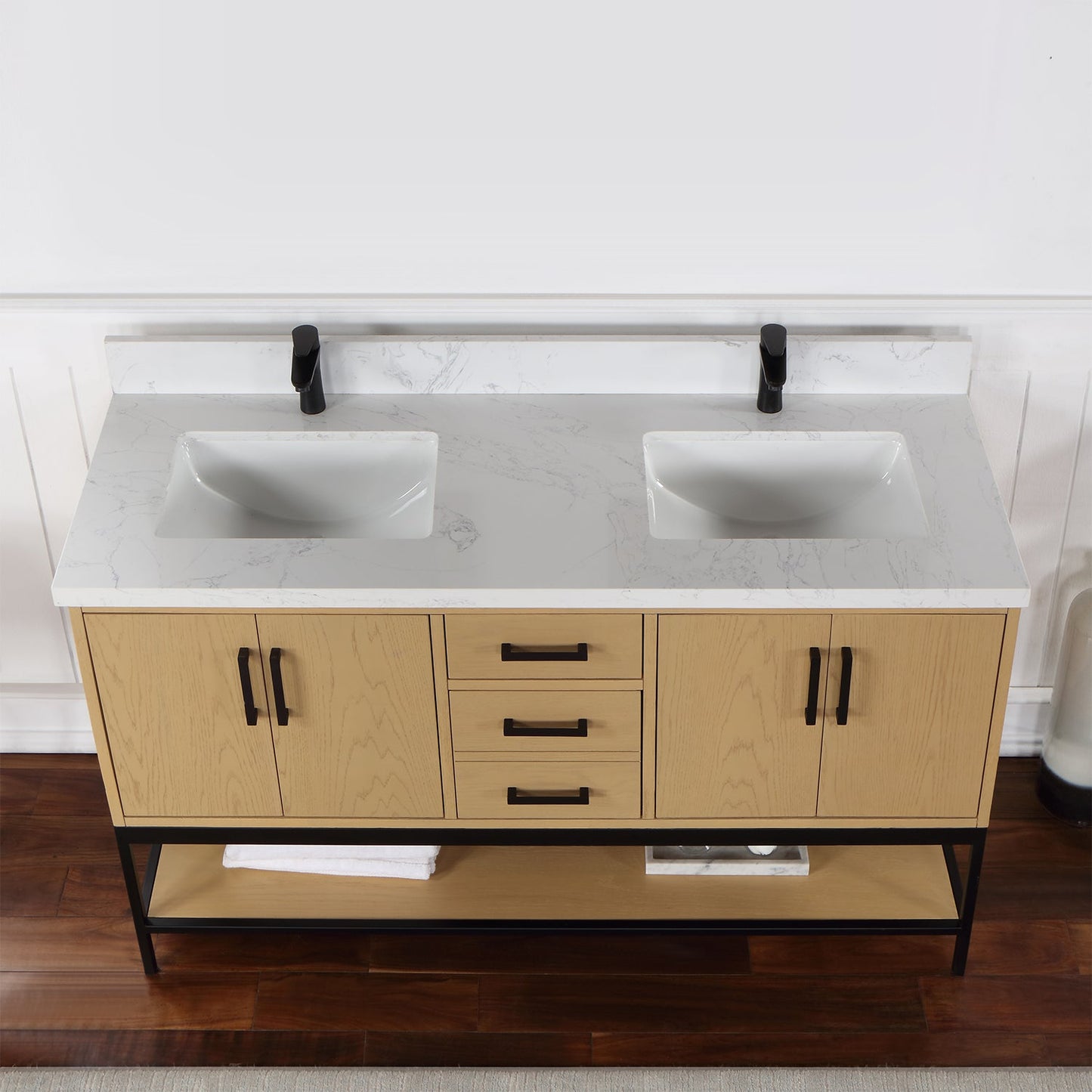 Wildy 60" Double Bathroom Vanity Set in Washed Oak with Grain White Composite Stone Countertop without Mirror