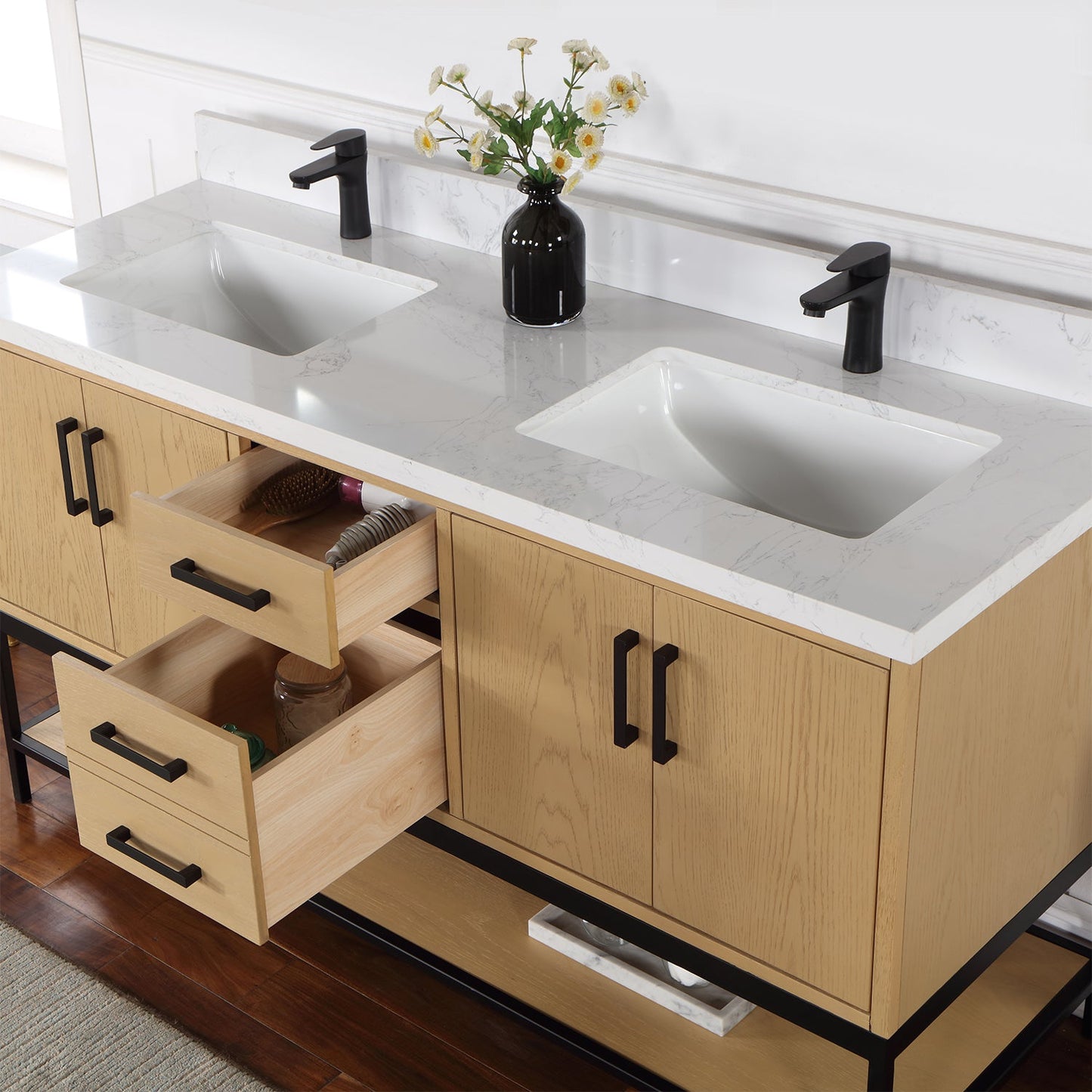 Wildy 60" Double Bathroom Vanity Set in Washed Oak with Grain White Composite Stone Countertop without Mirror
