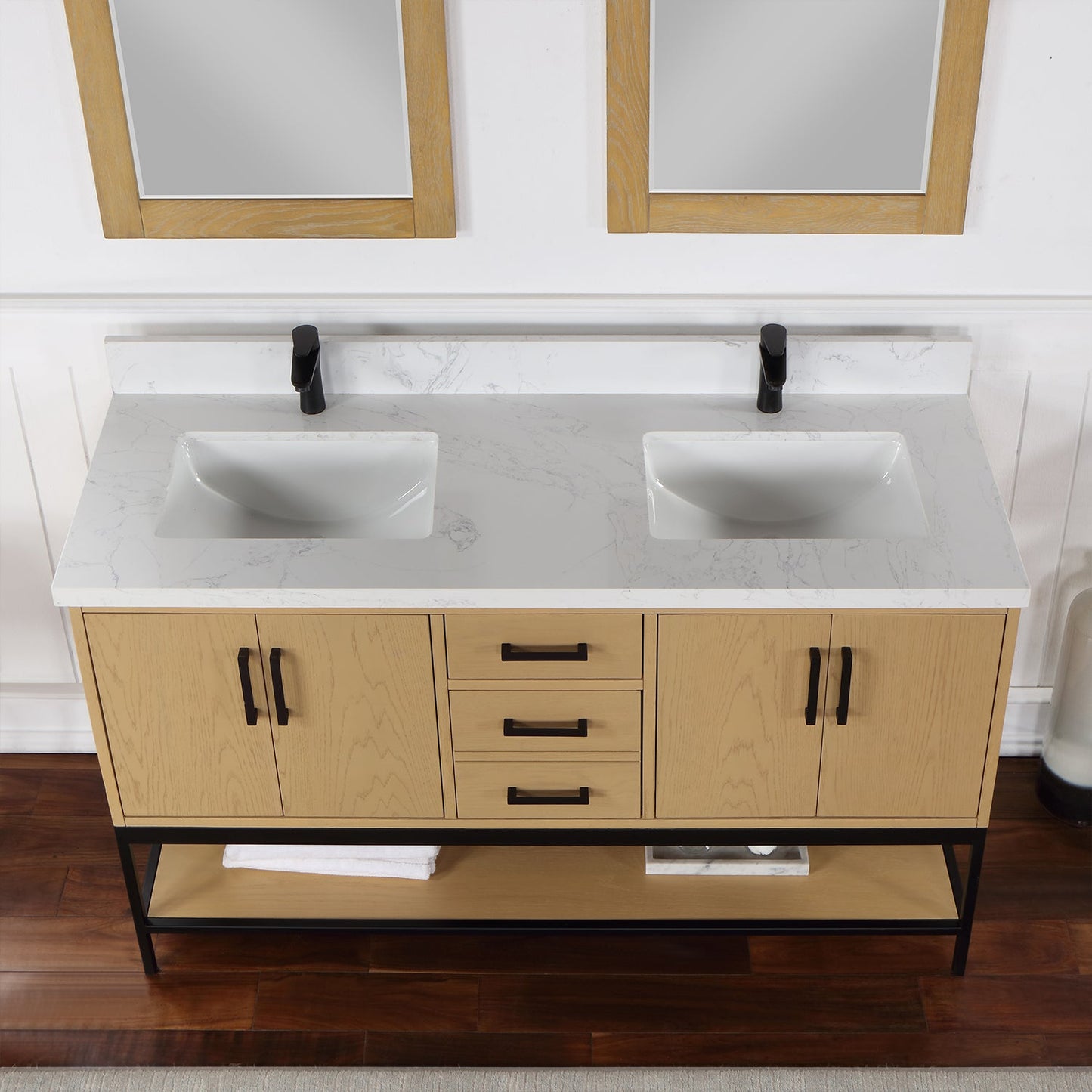 Wildy 60" Double Bathroom Vanity Set in Washed Oak with Grain White Composite Stone Countertop with Mirror