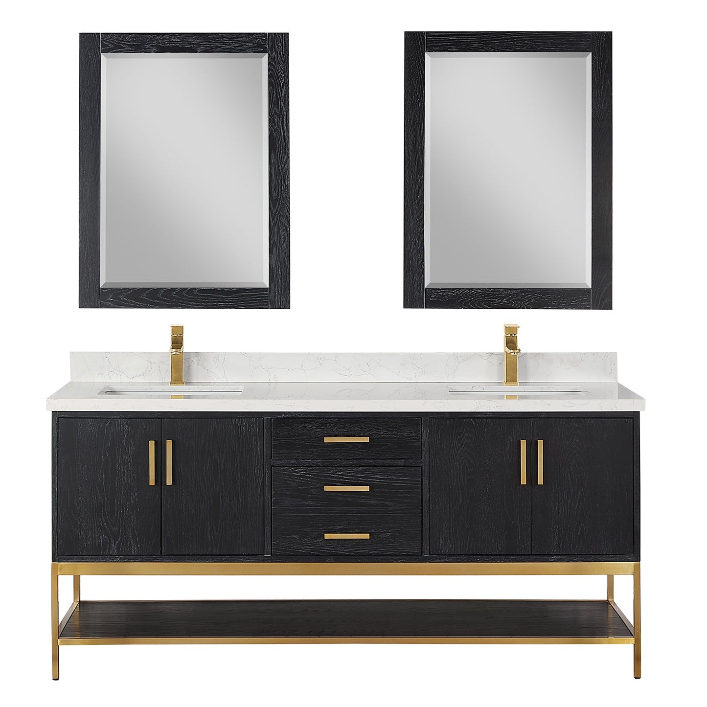 Wildy 72" Double Bathroom Vanity Set in Black Oak with Grain White Composite Stone Countertop with Mirror