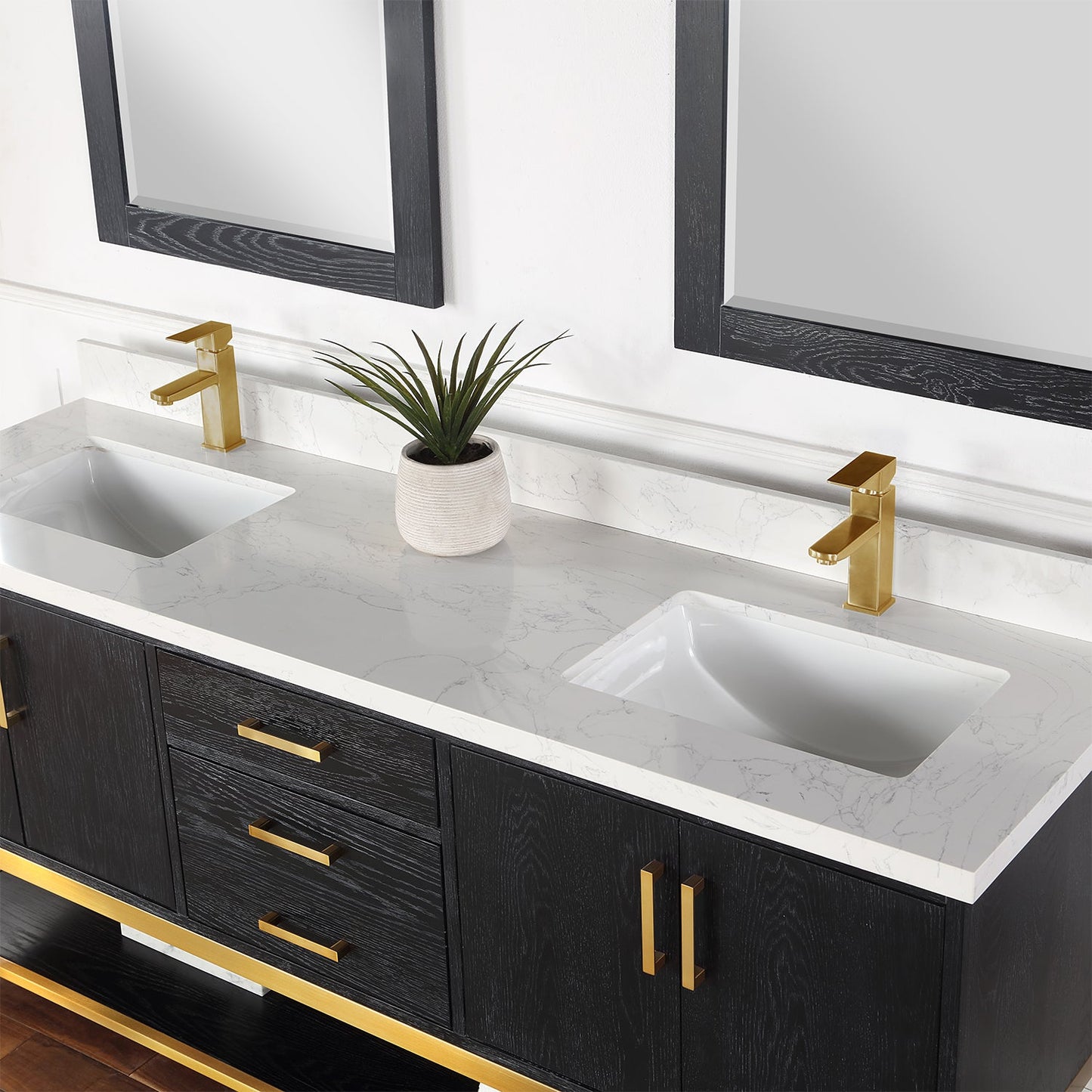 Wildy 72" Double Bathroom Vanity Set in Black Oak with Grain White Composite Stone Countertop with Mirror