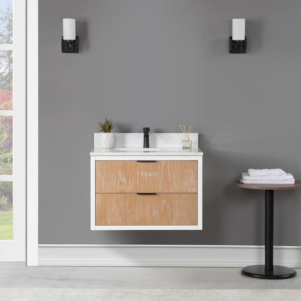Dione 30 Single Bathroom Vanity in Weathered Pine with Carrara White Composite Stone Countertop without Mirror