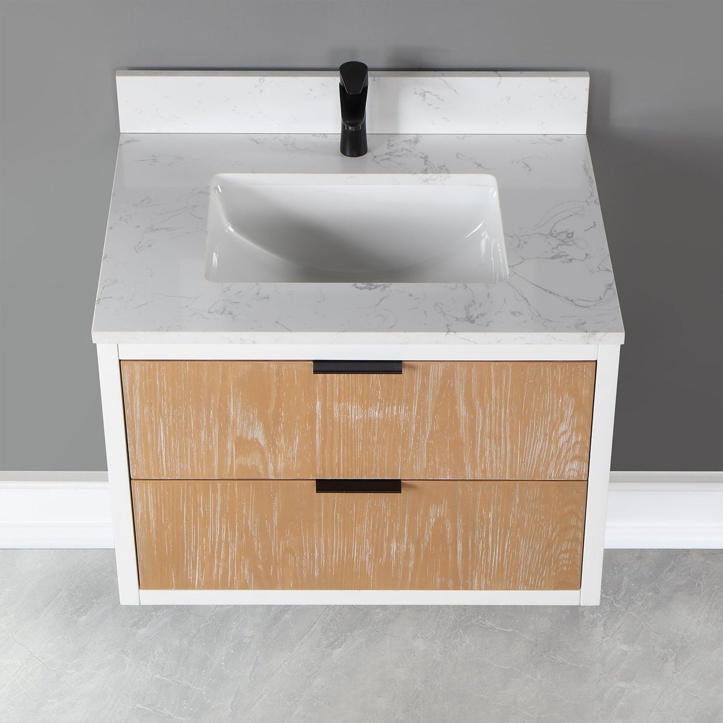 Dione 30" Single Bathroom Vanity in Weathered Pine with Carrara White Composite Stone Countertop without Mirror