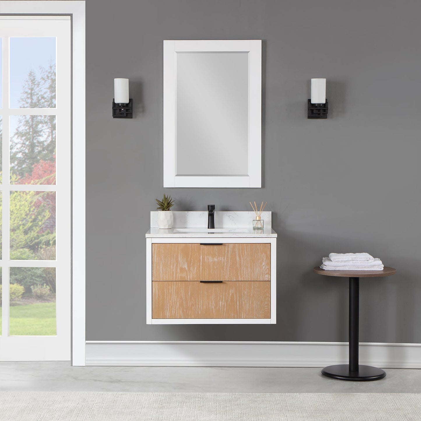 Dione 30" Single Bathroom Vanity in Weathered Pine with Carrara White Composite Stone Countertop with Mirror